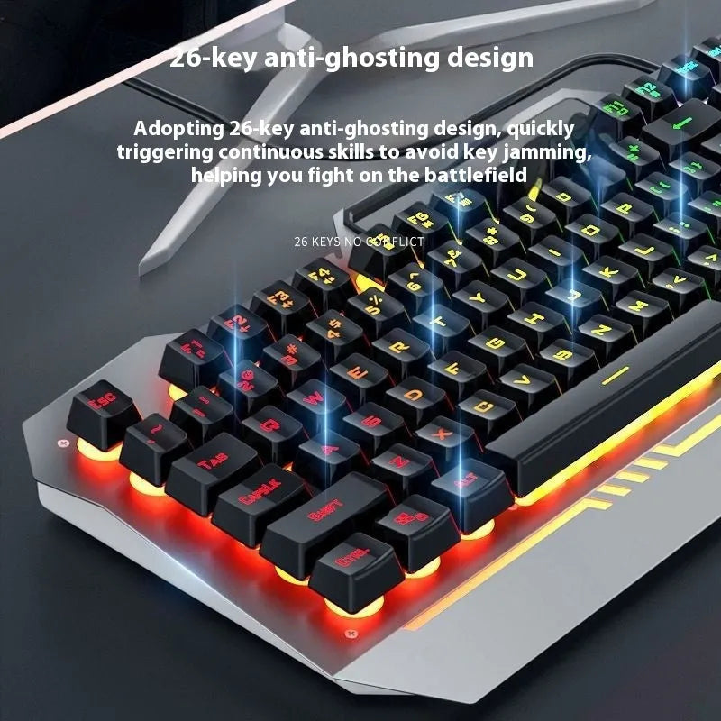Black and white mechanical gaming keyboard with metal construction, mouse, and headset wired bundle