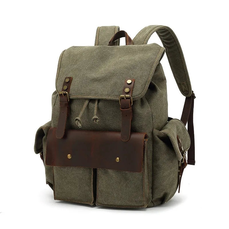 Retro-style army green canvas backpack with antique bronze hardware, shown closed.