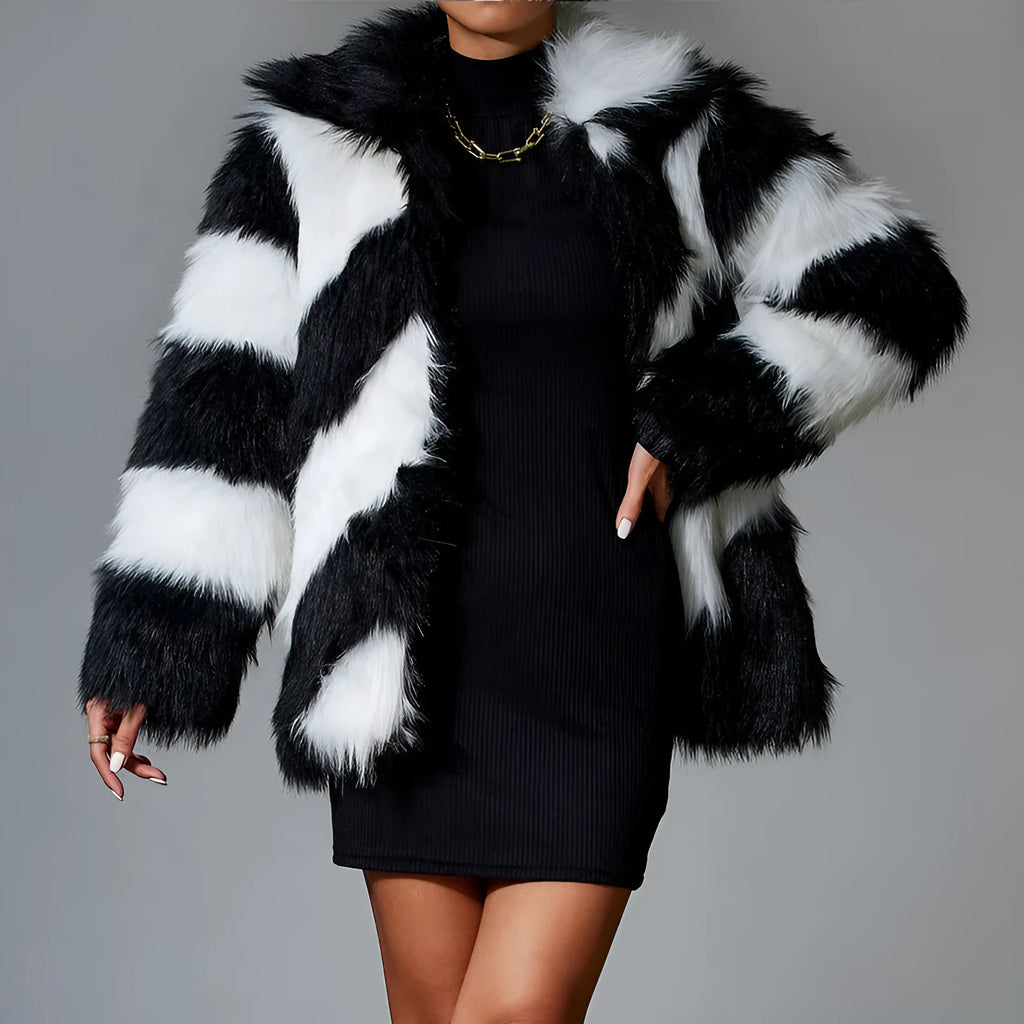 Women's faux fur coat with lapel contrast colour and fur collar, 50cm length