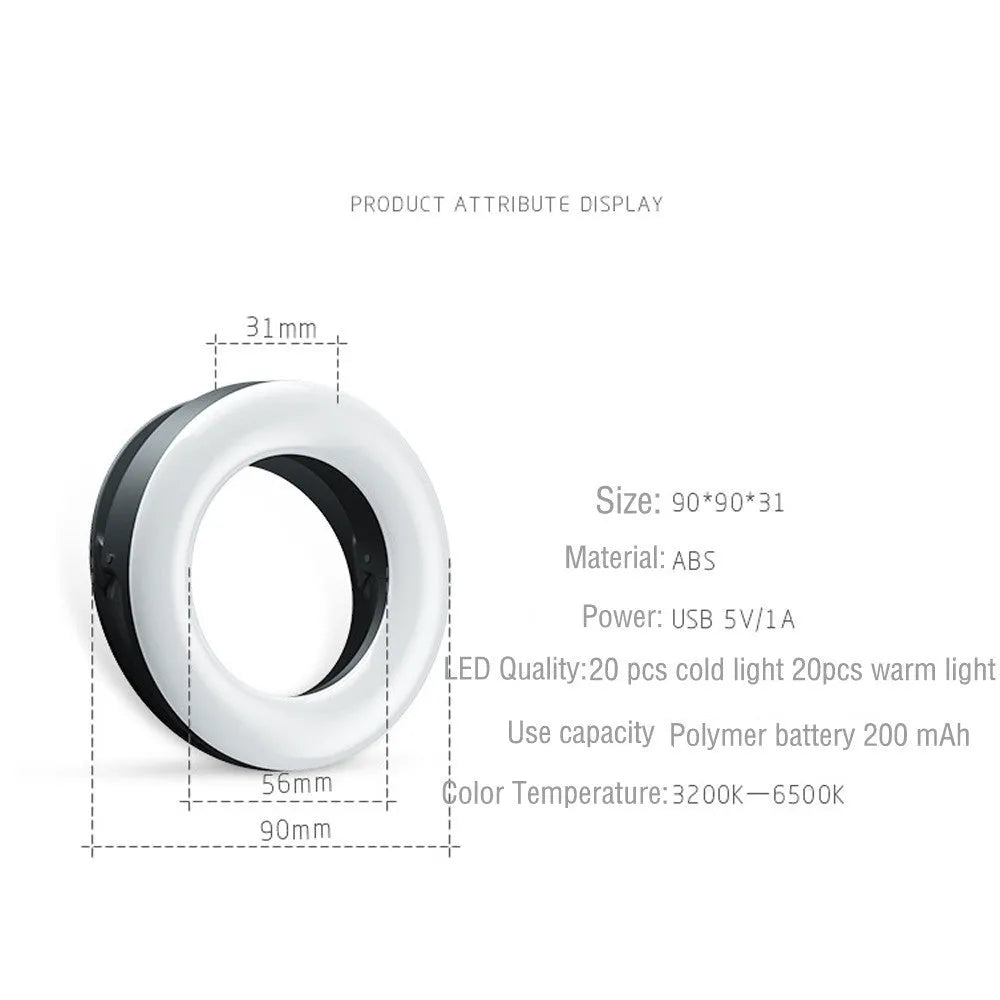 Black selfie ring light with adjustable brightness for mobile phone photography