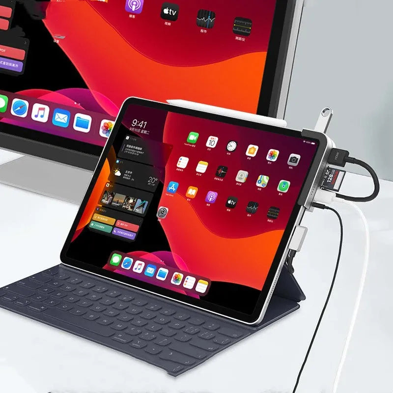 Silver aluminium grey USB C docking station for iPad Pro with HDMI, USB, and card reader ports