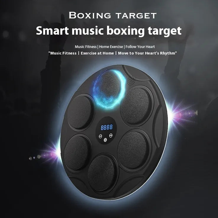Black wall-mounted boxing target with coloured LED lights and Bluetooth connectivity for fitness training