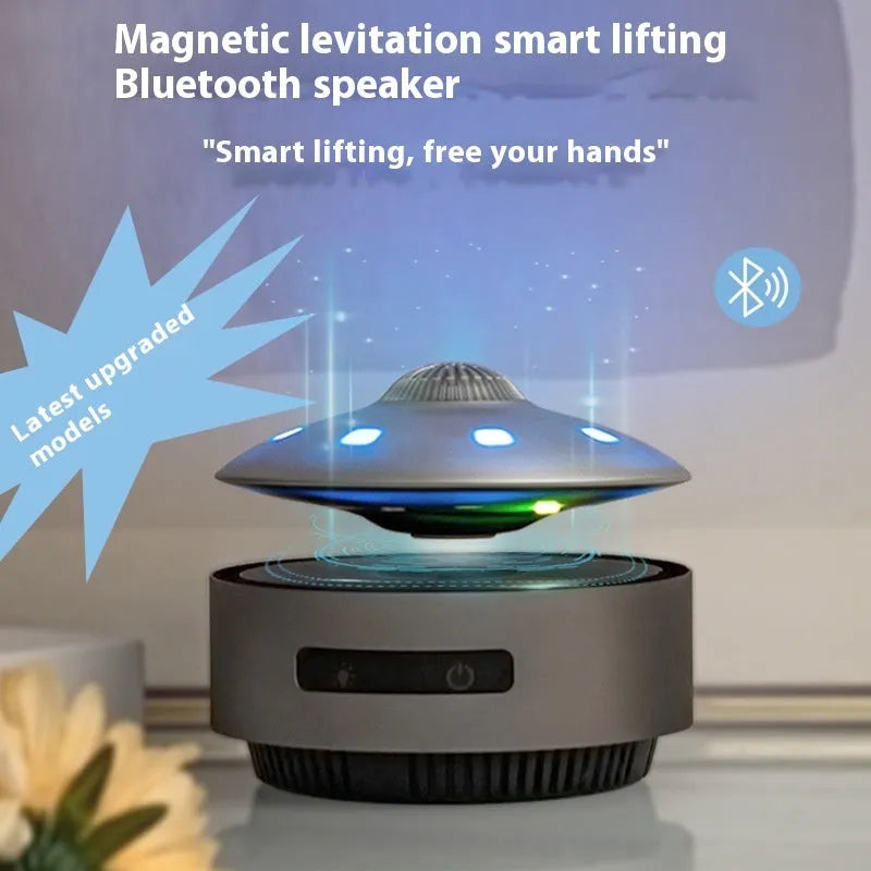 Black magnetic levitation Bluetooth speaker floating above base with automatic lifting mechanism