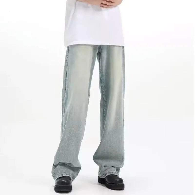 A pair of loose-fitting blue retro trousers made from rabbit fur fabric.