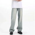 A pair of loose-fitting blue retro trousers made from rabbit fur fabric.