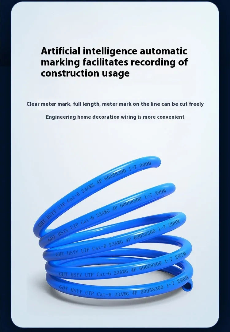 Blue and grey Cat6 UTP network cable with oxygen-free copper conductors in 305-metre bulk packaging