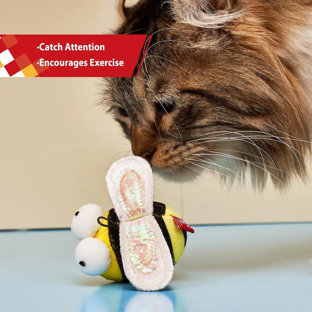 Yellow bee-shaped electronic cat toy with motion-activated squeaking functionality