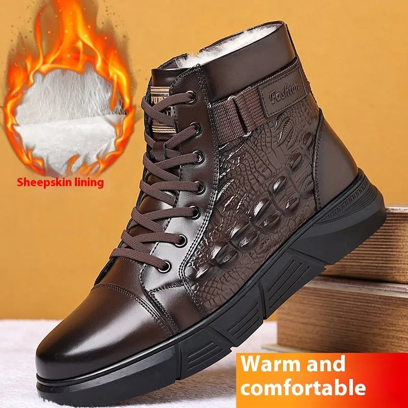 Women's brown genuine leather lace-up snow boots with fur trim and a rubber sole on a white background.
