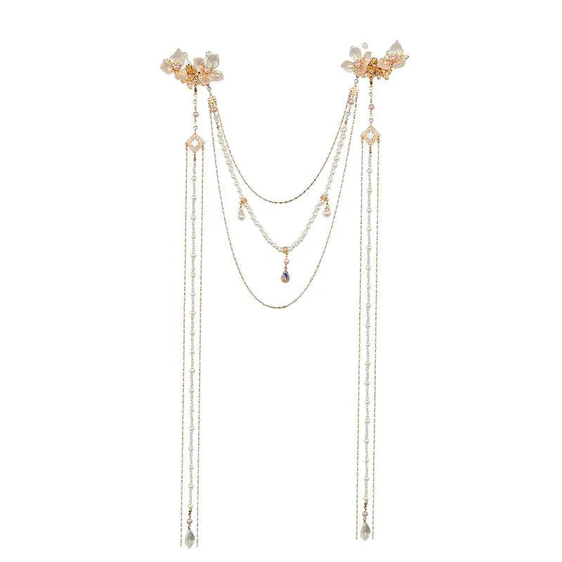 Women's hairpin with pearl, diamond and flower decorations featuring long tassel design and gold-colour grip