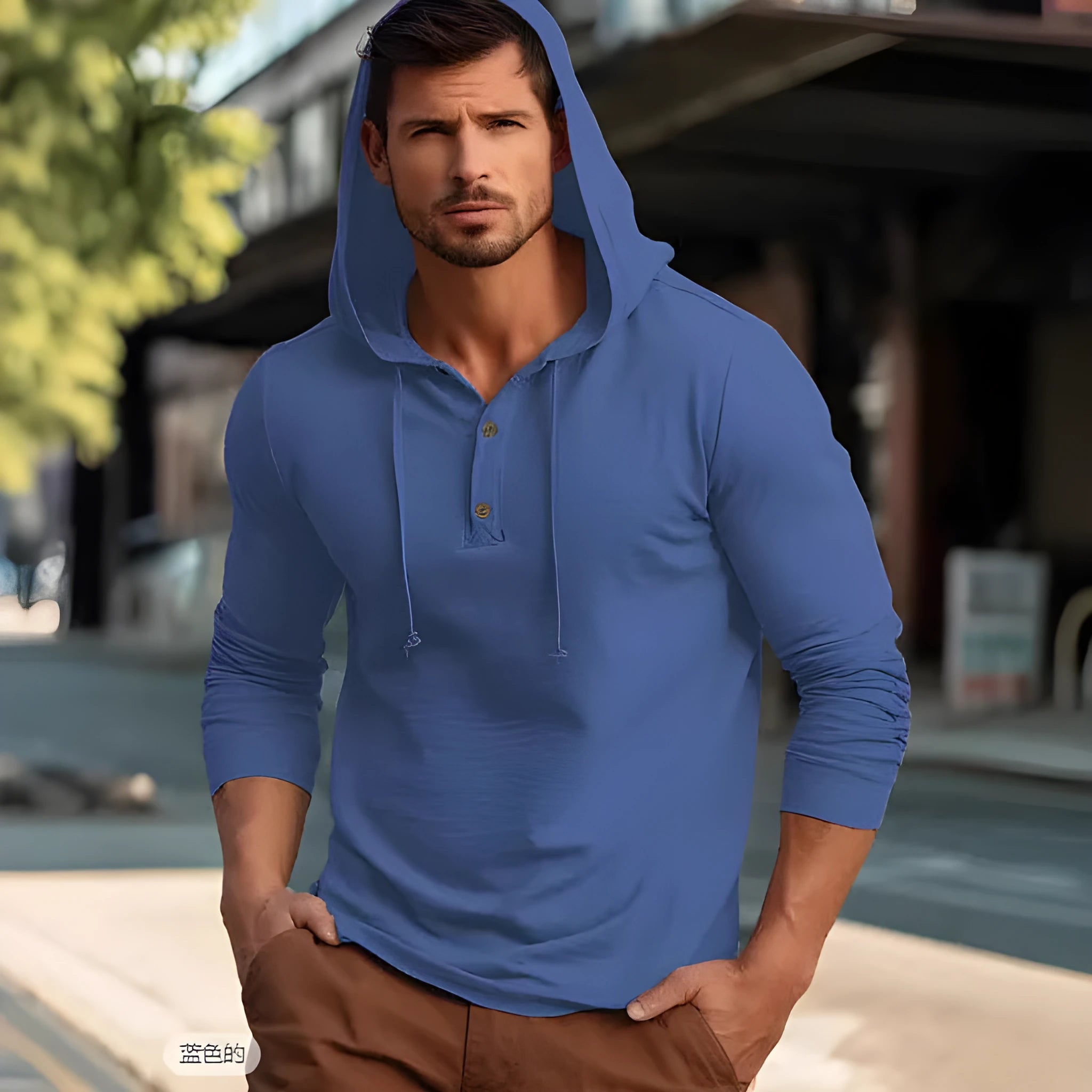 Men's dark blue cotton pullover hoodie with long sleeves on a hanger