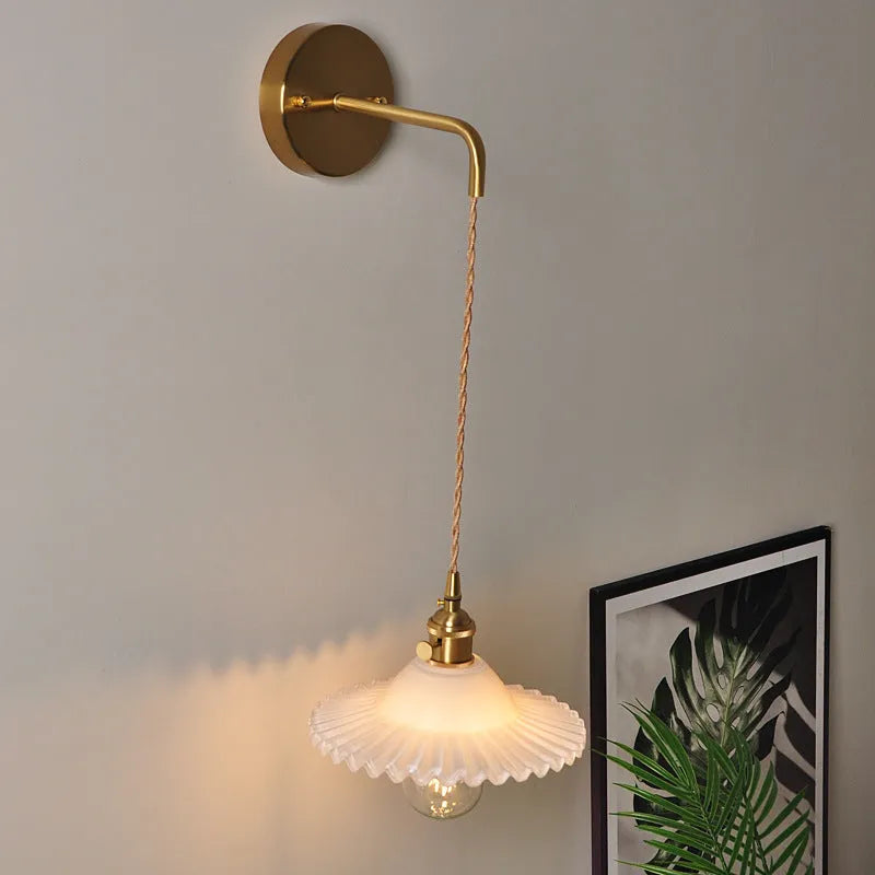 Copper retro brass lotus wall lamp with glass shade in one of six colours, 22cm diameter.