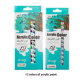 Set of twelve acrylic paint tubes in assorted colours for multi-medium art use.