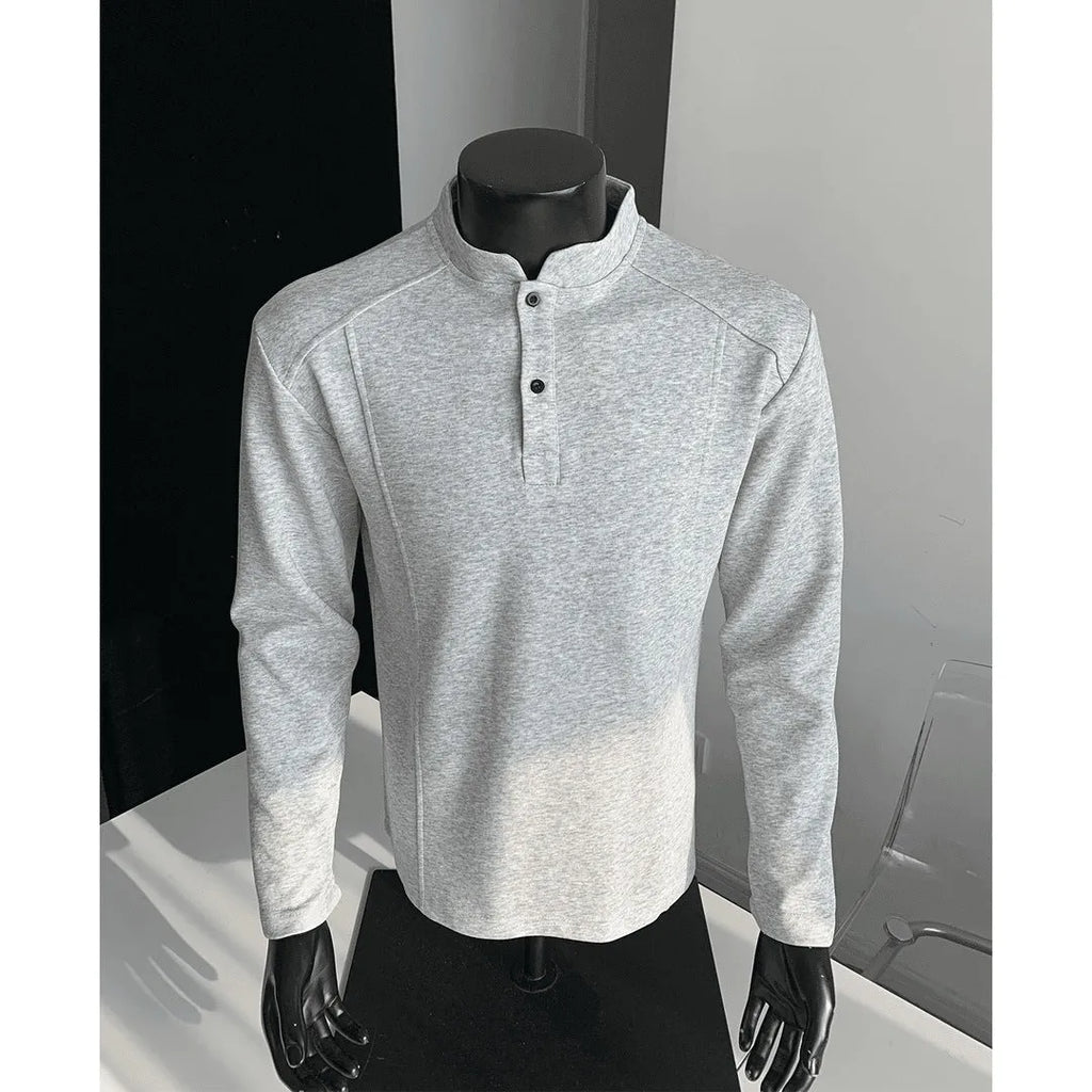 Men's patchwork stand-up collar polo shirt in Chinese cotton with asymmetric design