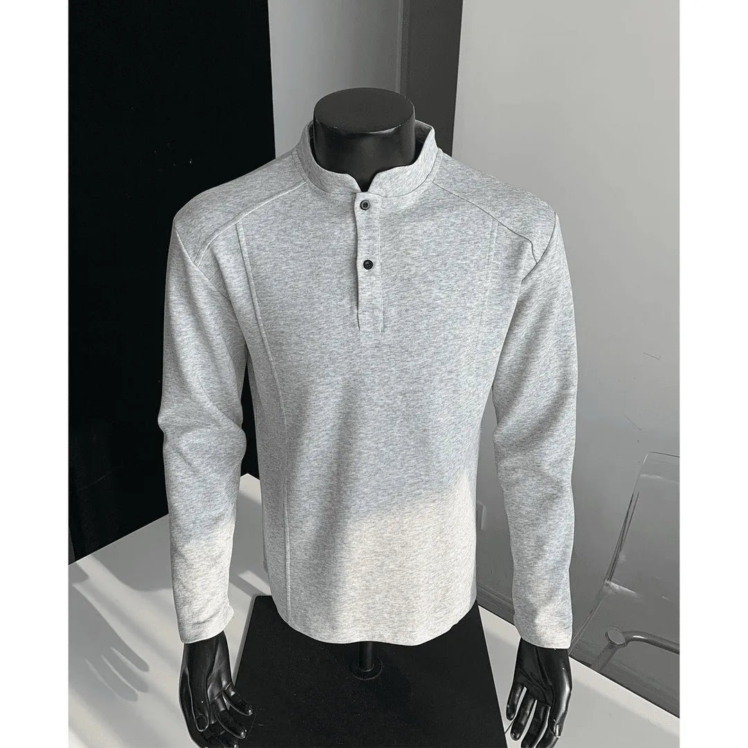 Men's patchwork stand-up collar polo shirt in Chinese cotton with asymmetric design