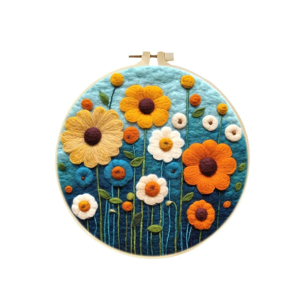 Wool felt embroidery kit with linen fabric, embroidery frame, and floral pattern for three-dimensional blanket painting