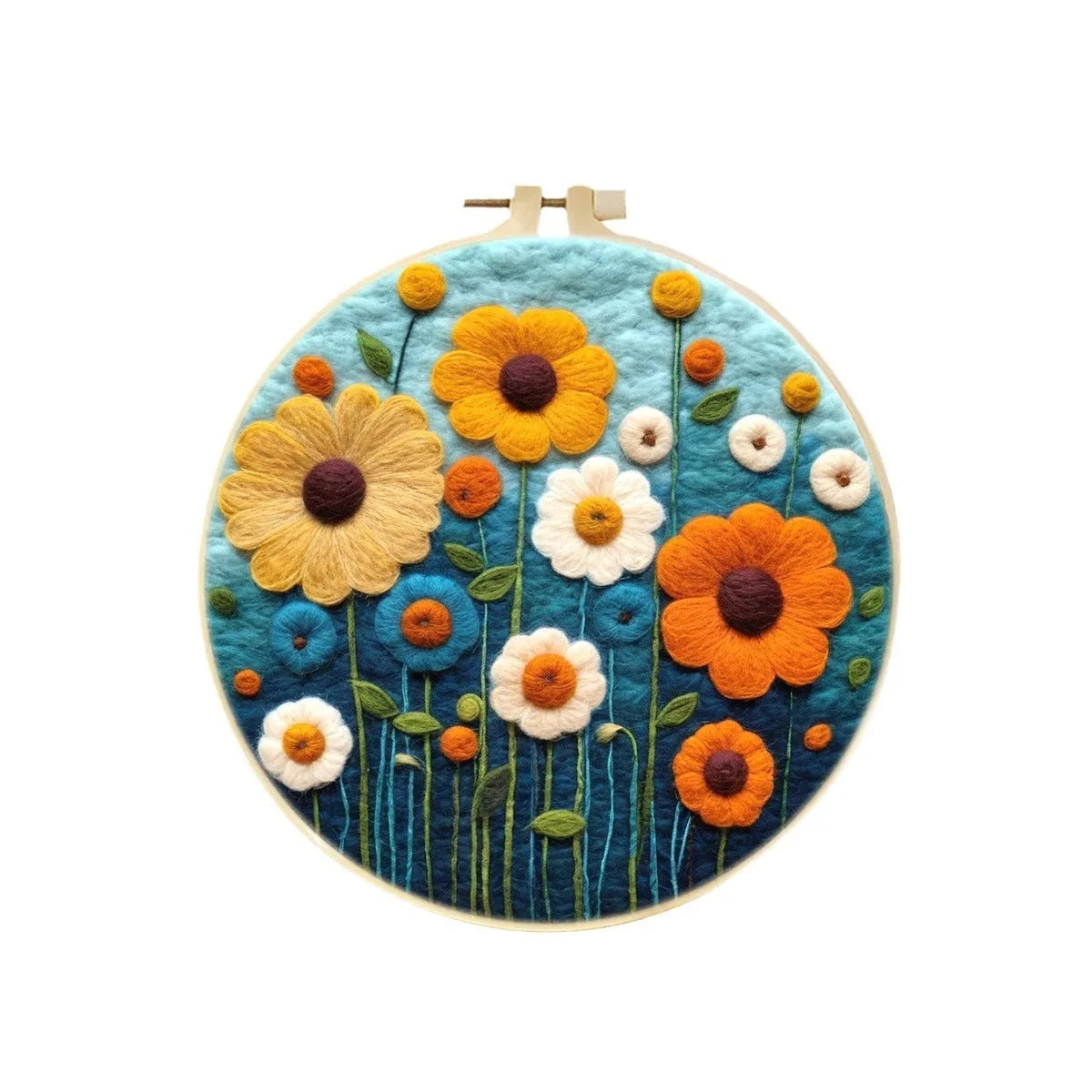 Wool felt embroidery kit with linen fabric, embroidery frame, and floral pattern for three-dimensional blanket painting