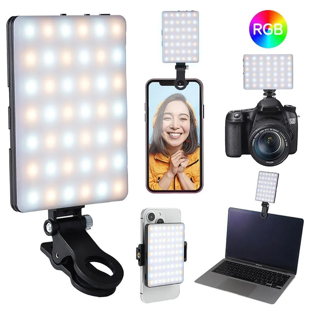 Pocket-sized clip-on LED fill light attached to a mobile phone for photography.