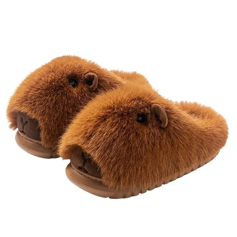 Womens autumn winter fashion cartoon plush slippers in dark brown with shearling lining and EVA sole