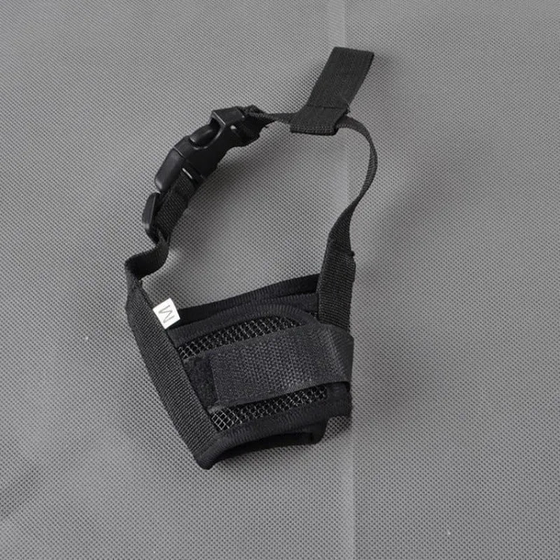 Adjustable plastic dog safety muzzle shown in multiple colours and sizes for biting and barking control.