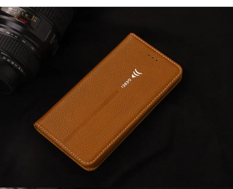 Black PU leather flip wallet phone case for iPhone shown open with card slots visible.