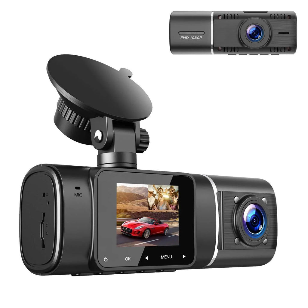 Black dash cam with 1.5-inch screen for car front and rear recording with parking surveillance