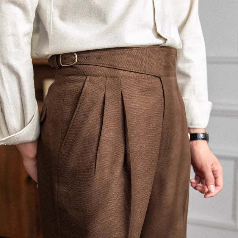 Men's high waist straight-leg casual trousers in black, shown laid flat.