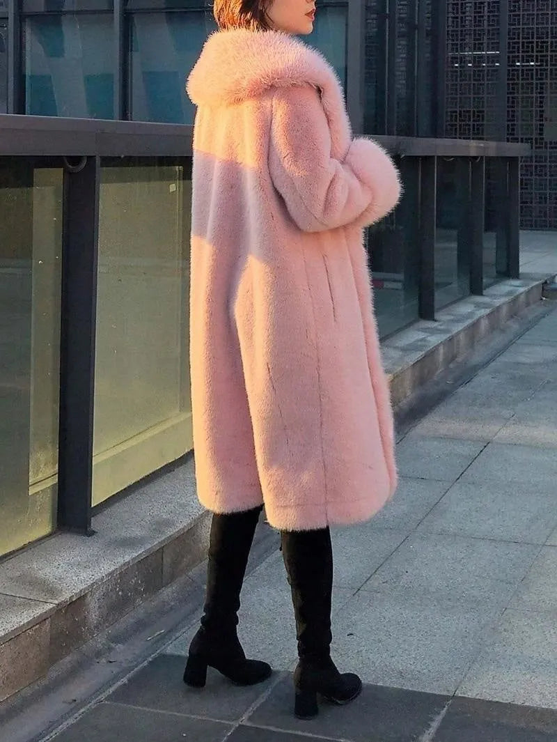 Women's thick faux rabbit fur mid-length coat in grey, black, pink or white colours