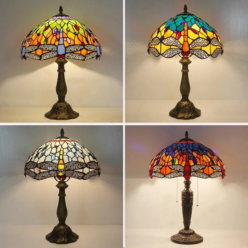 Tiffany style stone table lamp with green dragonfly motif available in 20cm 30cm and 40cm sizes for bedroom retro lighting