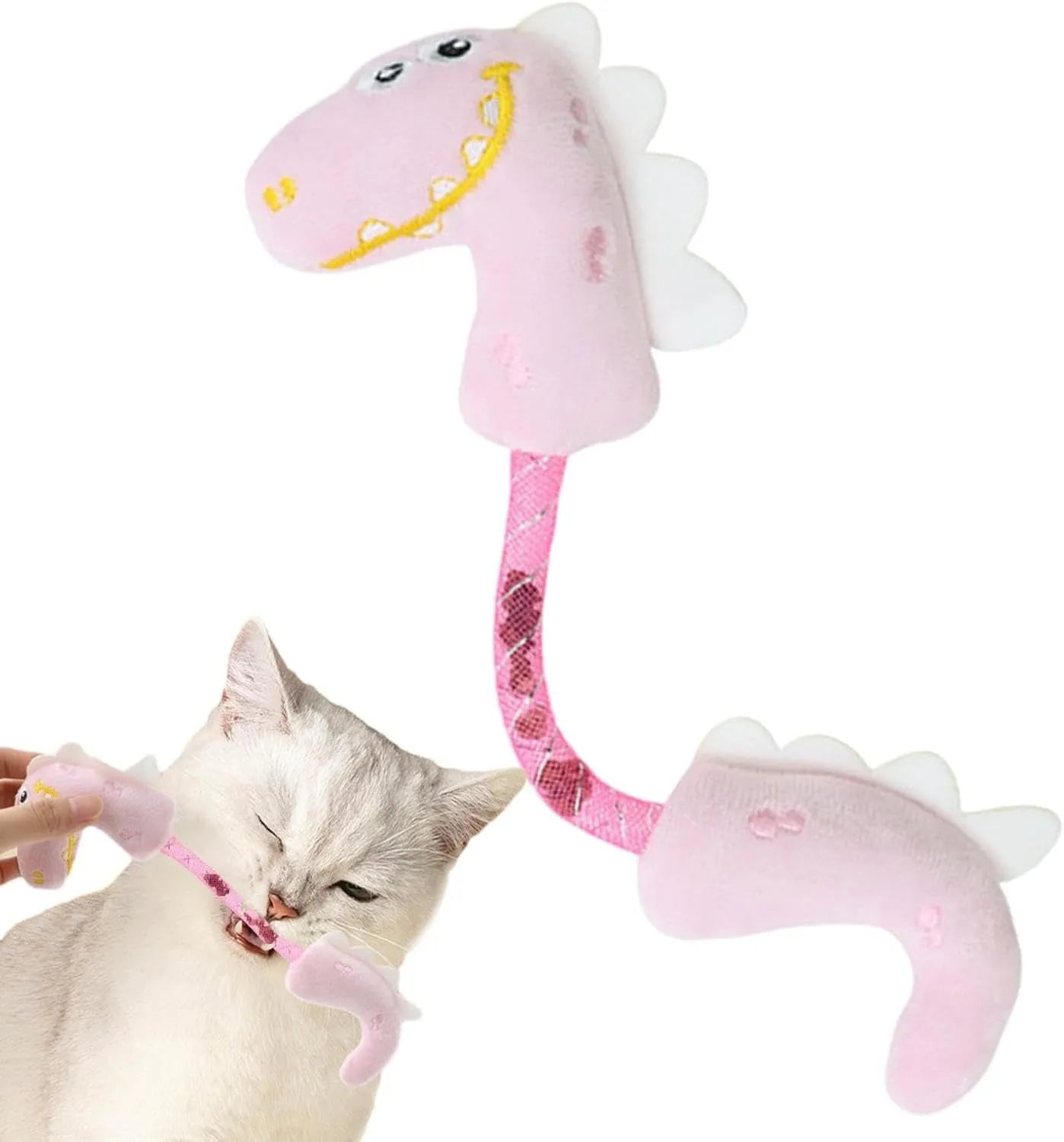 Set of four cat toys including rope, spring, kicker and plush mouse toys in pink, purple or yellow colours