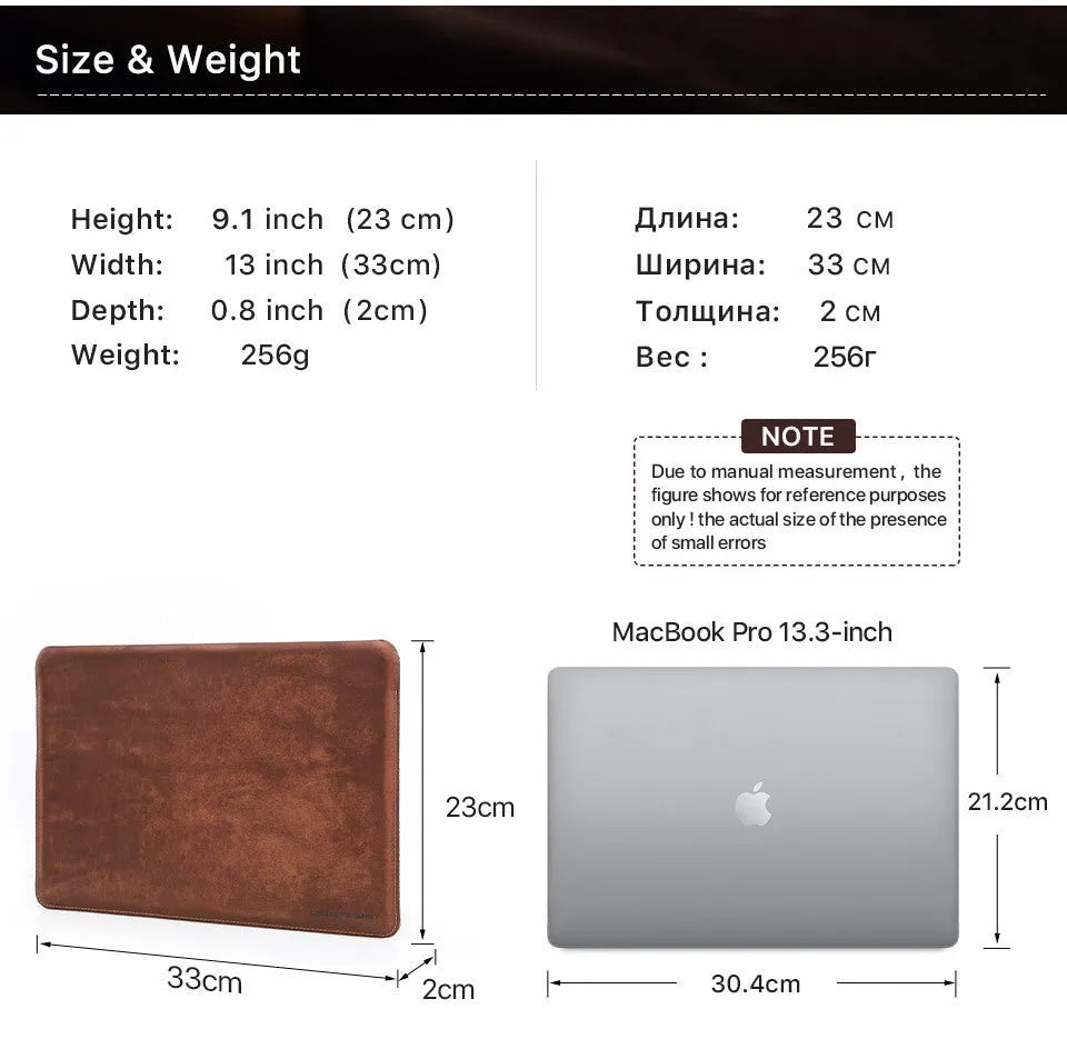 Brown crazy horse leather laptop bag for 13.3-inch MacBook Pro and Air in horizontal style