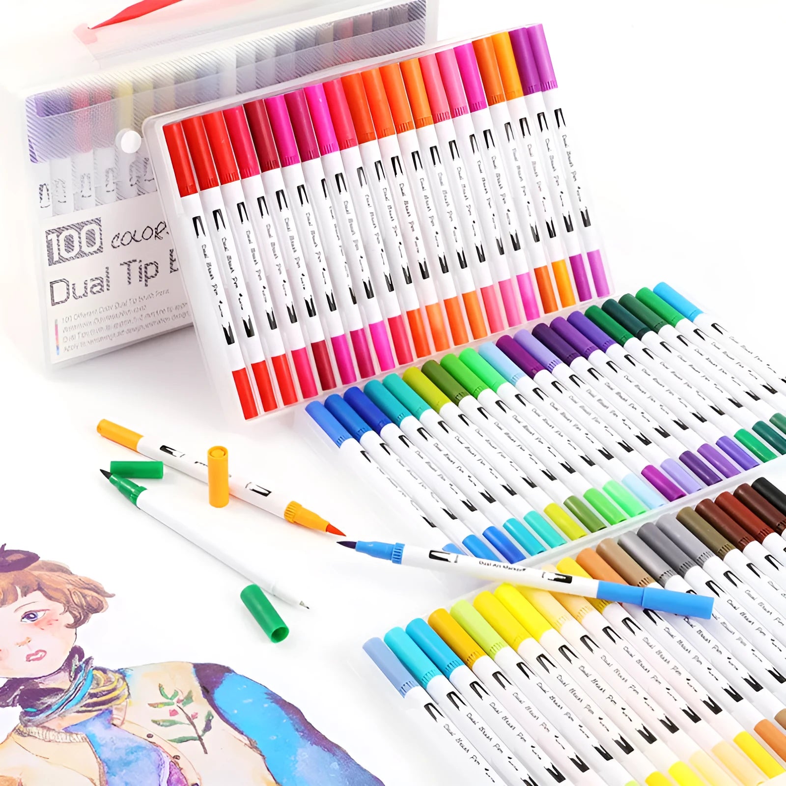 Set of watercolour brush pens in assorted colours for drawing and lettering.