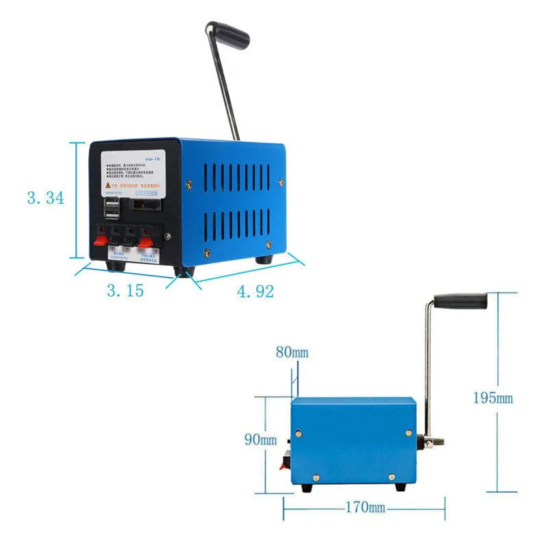 Blue metal hand crank USB emergency generator with dimensions 125x80x85mm