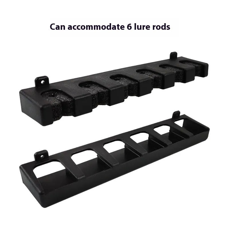 Black ABS plastic wall-mounted fishing rod holder for vertical or horizontal rod storage