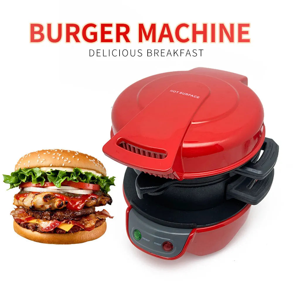 Bright red household breakfast machine sandwich maker with egg cooker ring and two baking trays.