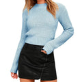 Women's long-sleeved slim fit acrylic pullover sweater in light grey on a hanger.
