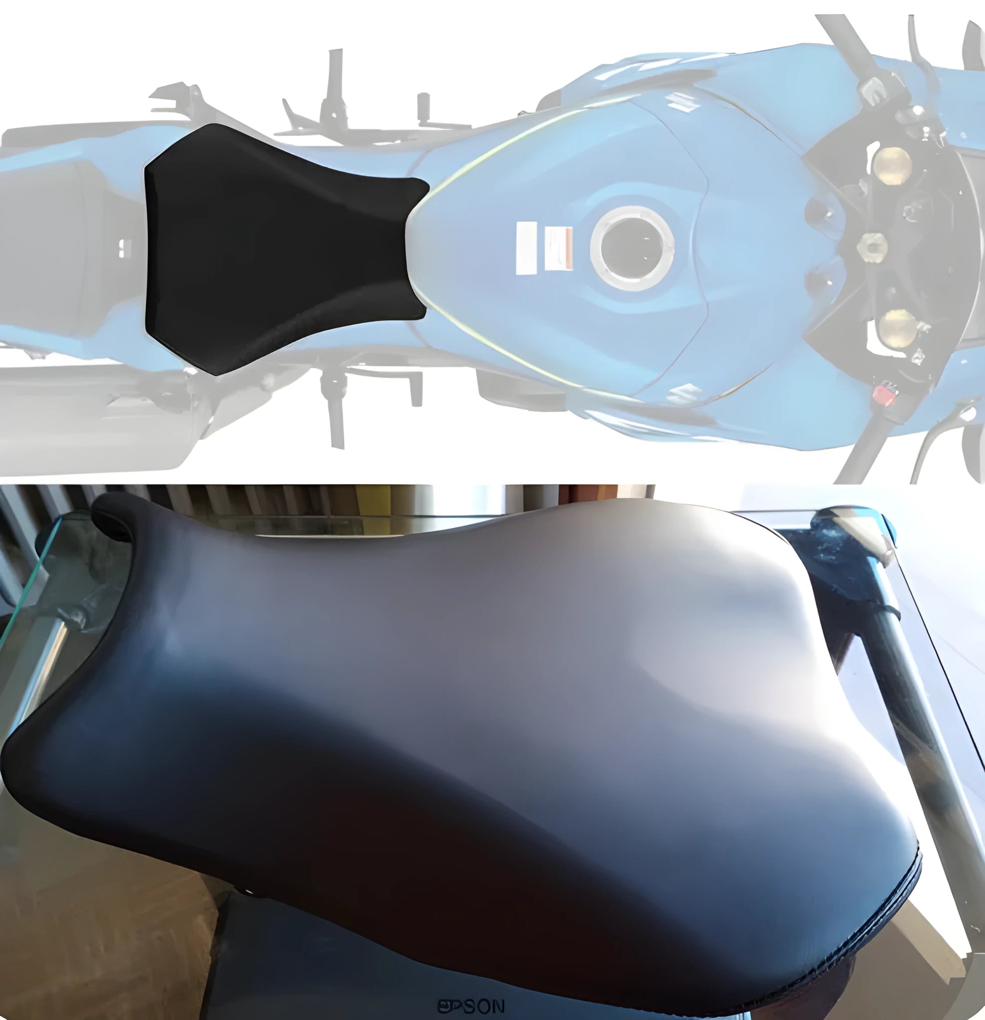 Suzuki GSXR1000 motorcycle with black PU leather seat covers fitted on front and rear seats
