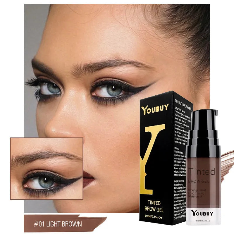 Waterproof eyebrow cream in dark gray and golden yellow shades with quick-drying formula