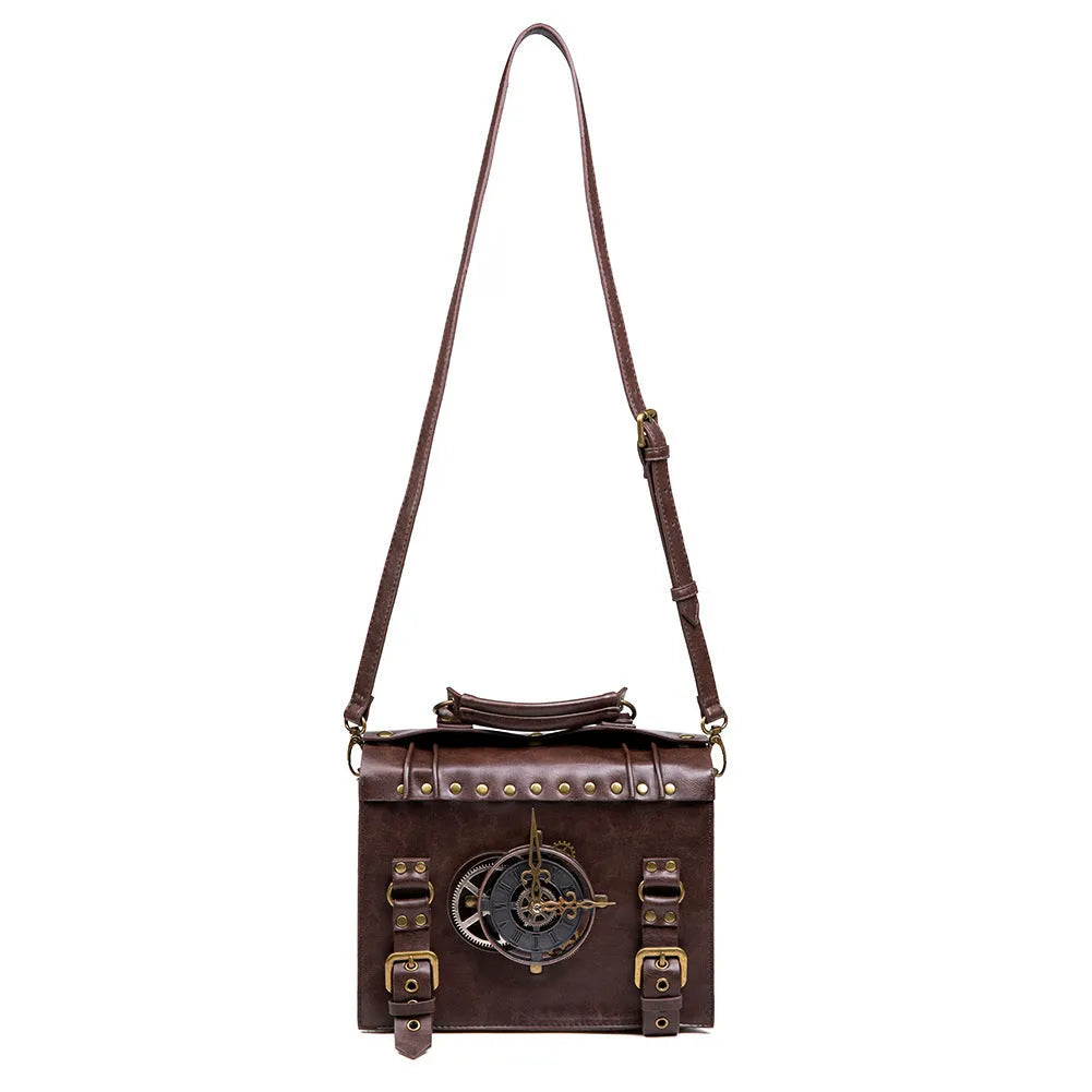 Bronze steampunk industrial retro shoulder bag with metal hardware and square pillow shape.
