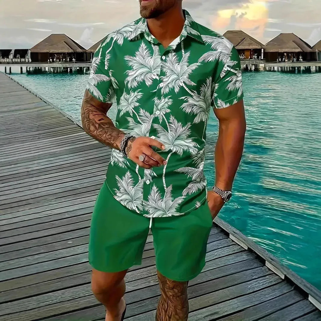 Men's casual Hawaii 3D printed short sleeve top and matching shorts set.