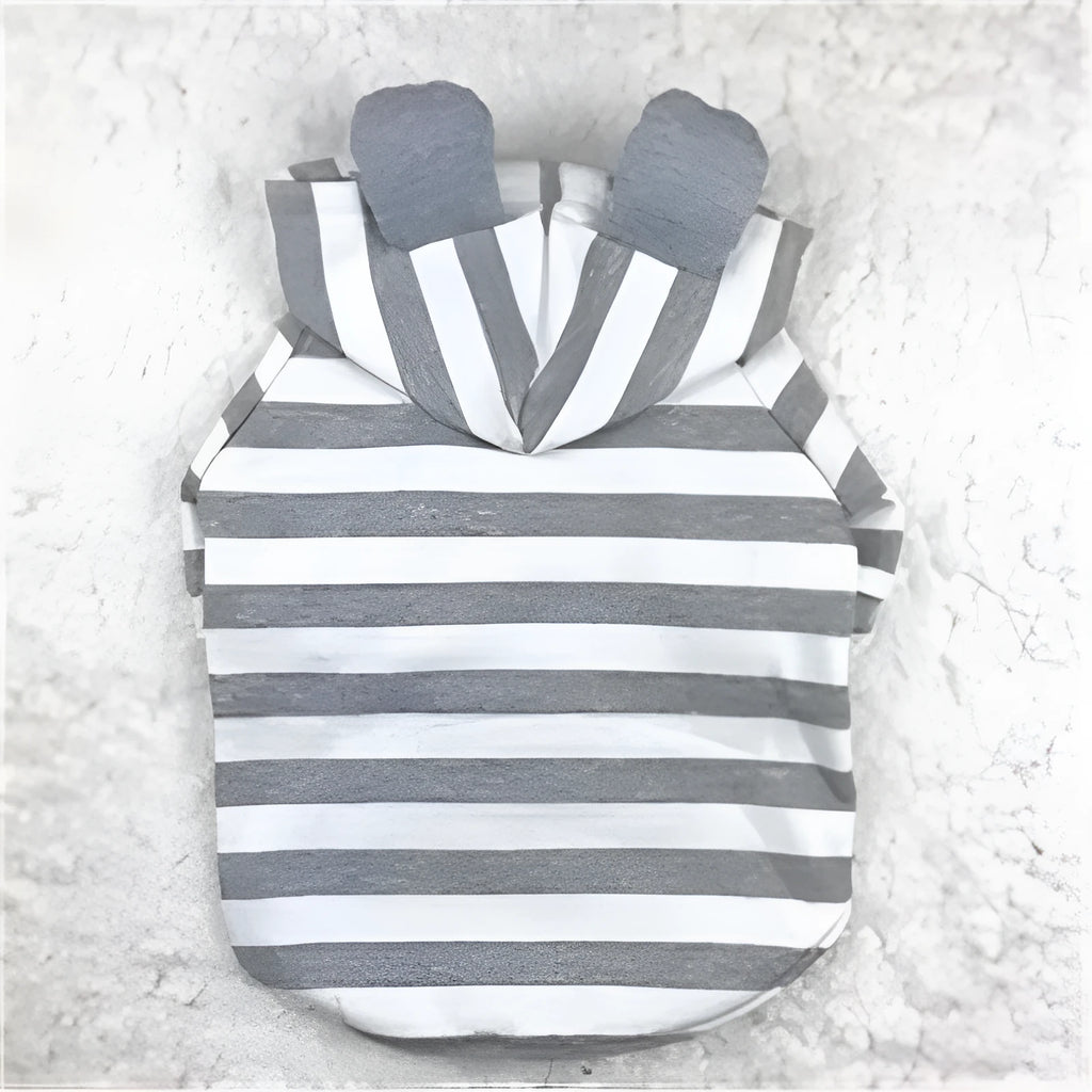 Grey cotton striped sweater on a small pet with ribbed trim