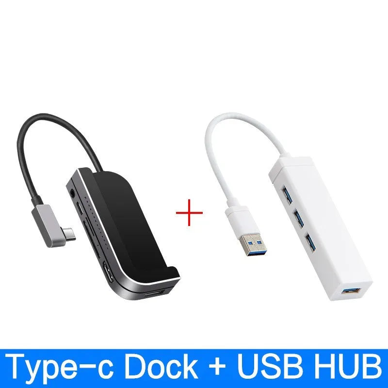 Silver aluminium grey USB C docking station for iPad Pro with HDMI, USB, and card reader ports