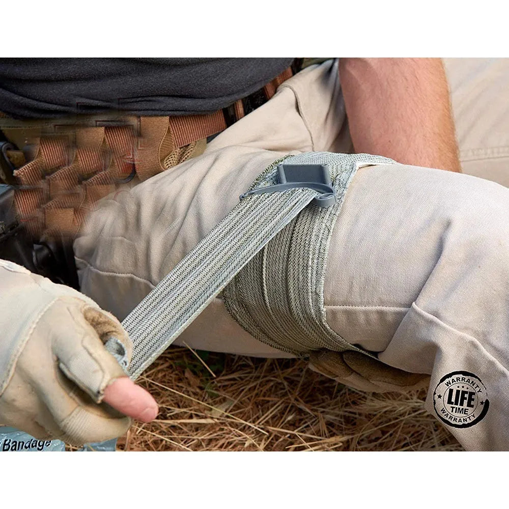 Military-grade hemostatic bandage in 4 inch and 6 inch sizes with sterile tactical gauze tape for emergency haemorrhage control