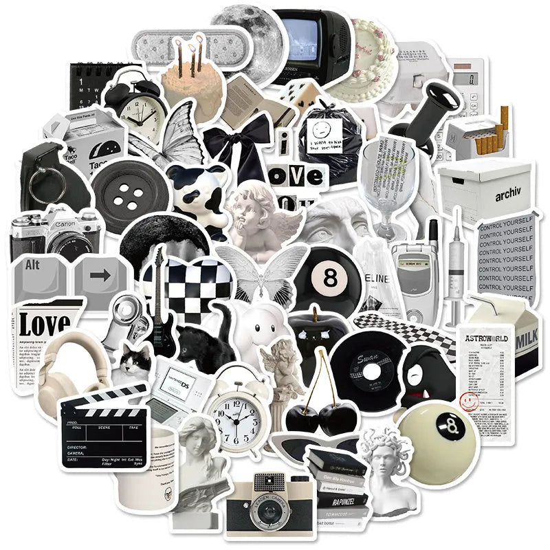 Black and white PVC vinyl sticker pack with 61 pieces for laptops and phones
