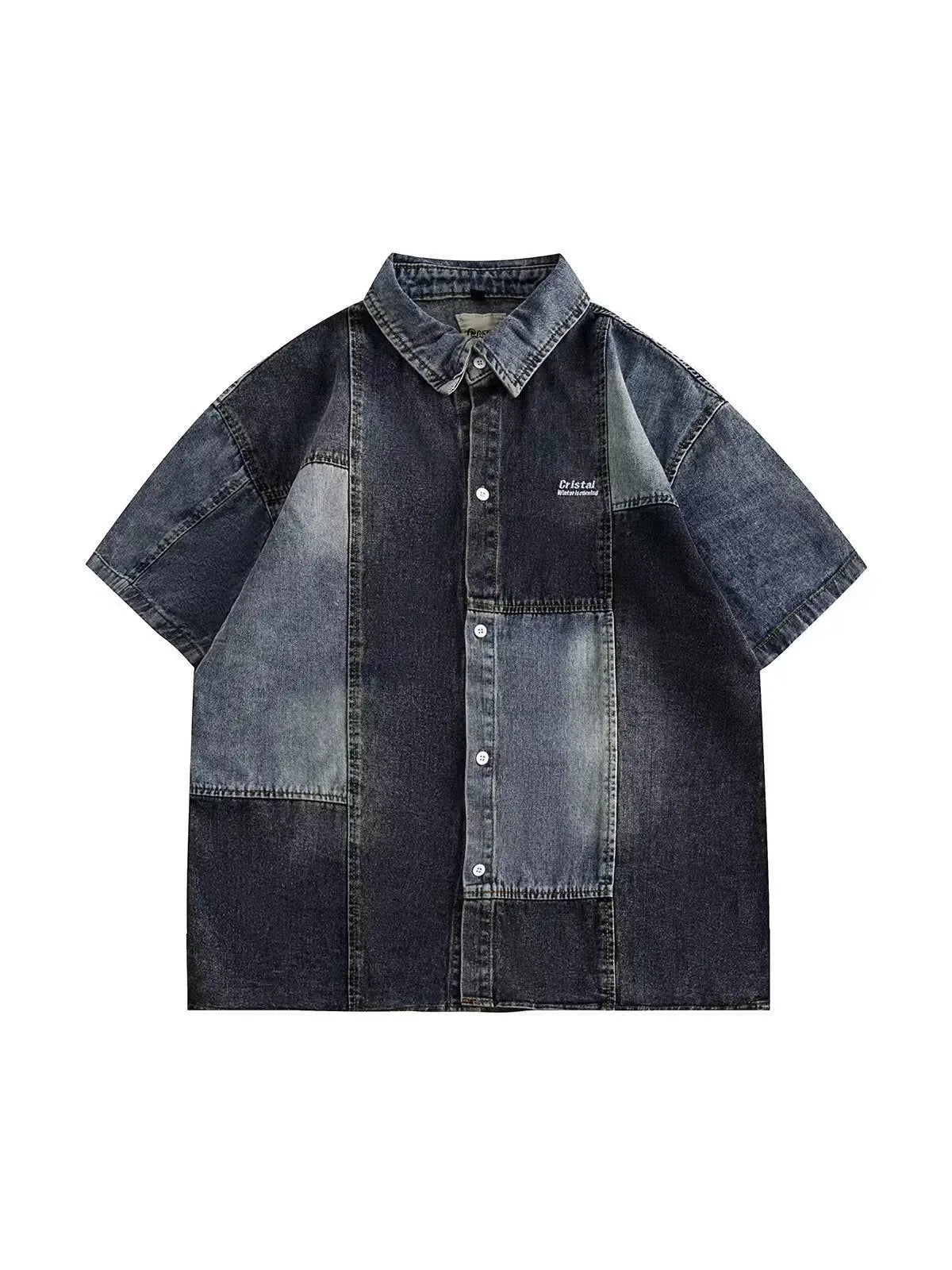 Men's blue Japanese-style retro washed denim shirt with loose cardigan fit and classic stitching detail