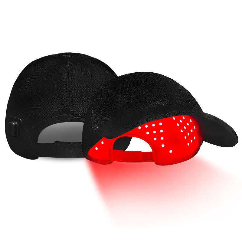 Black infrared peaked hair growth cap with 180 LED lights for red light therapy treatment