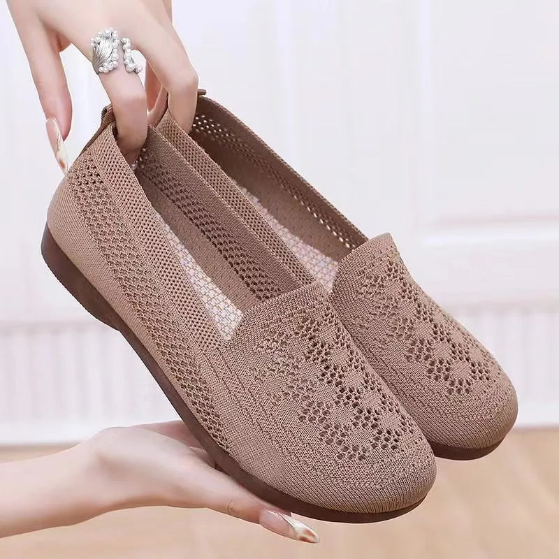Beige flyknit mesh antiskid trainers for elderly women with wide fit and breathable hollow-out design