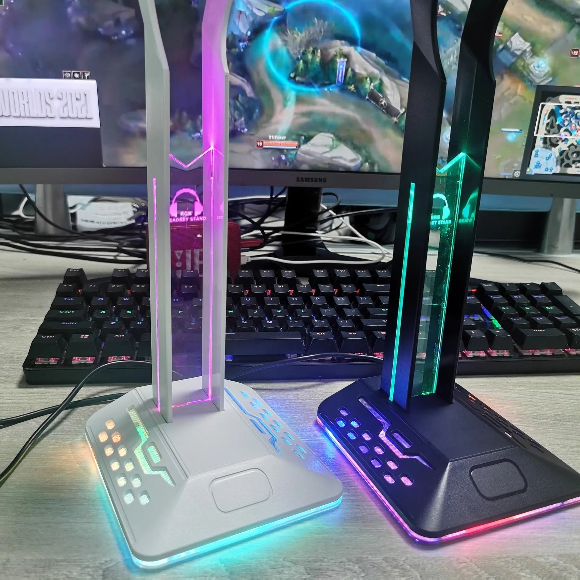 Acrylic RGB headset bracket with colour changing lights holding headphones, showing dual USB ports.