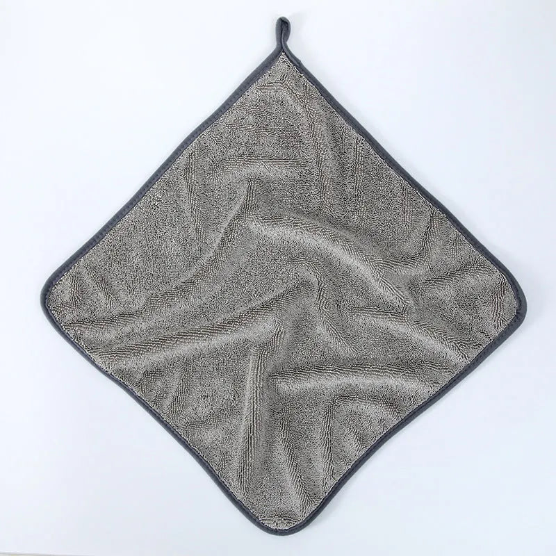 Grey braided twisted car cleaning towel shown with red edge variant, sizes range from small to large.