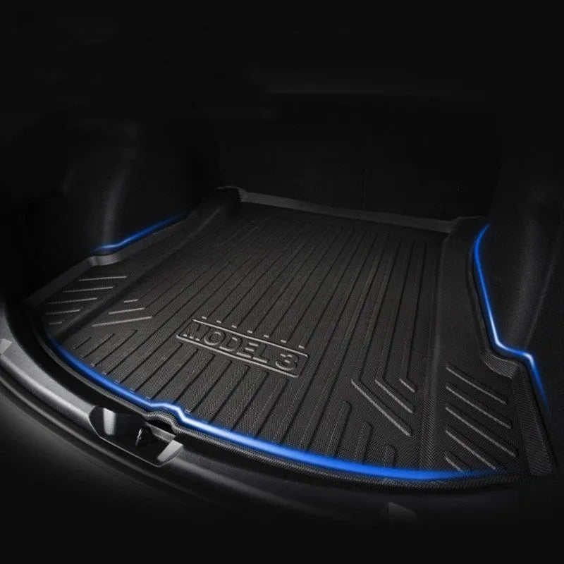 Rubber floor mats with TPE footrests designed for Tesla Model 3, Y, S, and X vehicles.