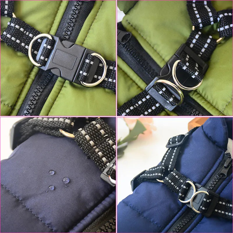 Waterproof dog coat with harness opening in red colour on large breed dog